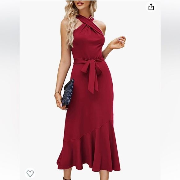 JASAMBAC Elegant Criss Cross Halter Neck Ruffle Hem Belted Bodycon Dress - Picture 2 of 14